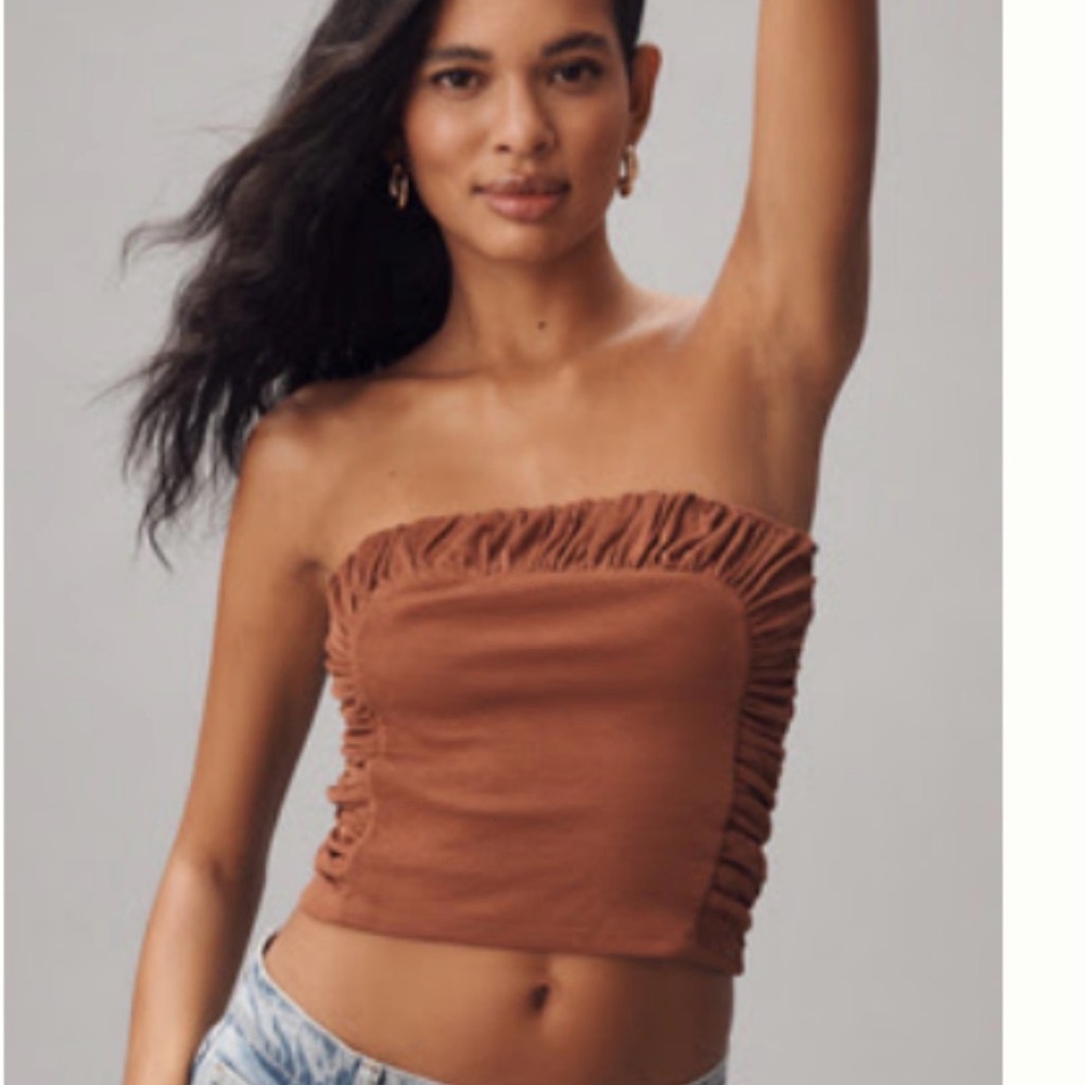 Anthropologie Brown Ruched Strapless Crop Top